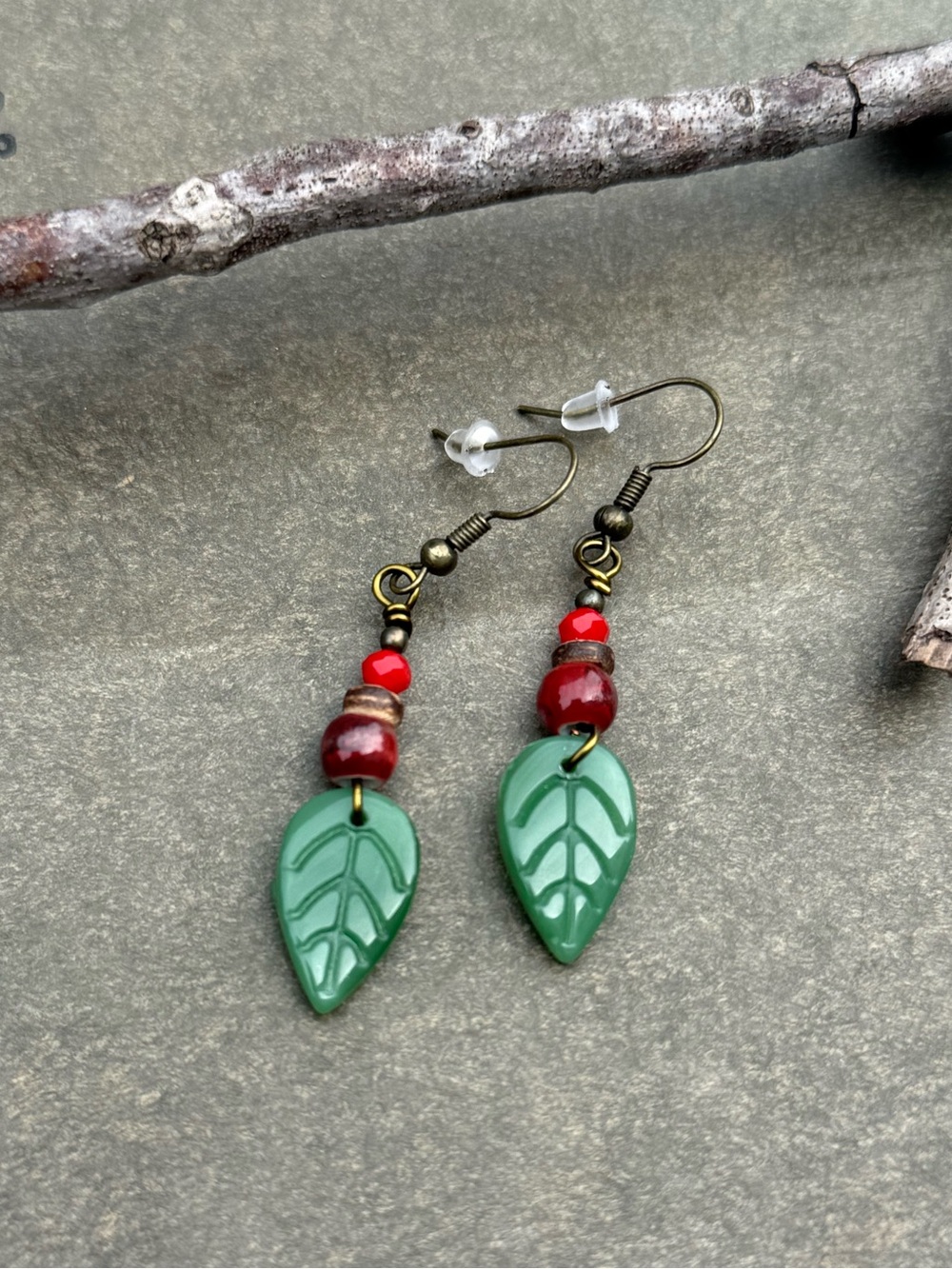 Handmade Green Leaf & Red Bead Dangle Earrings - Women's Jewelry